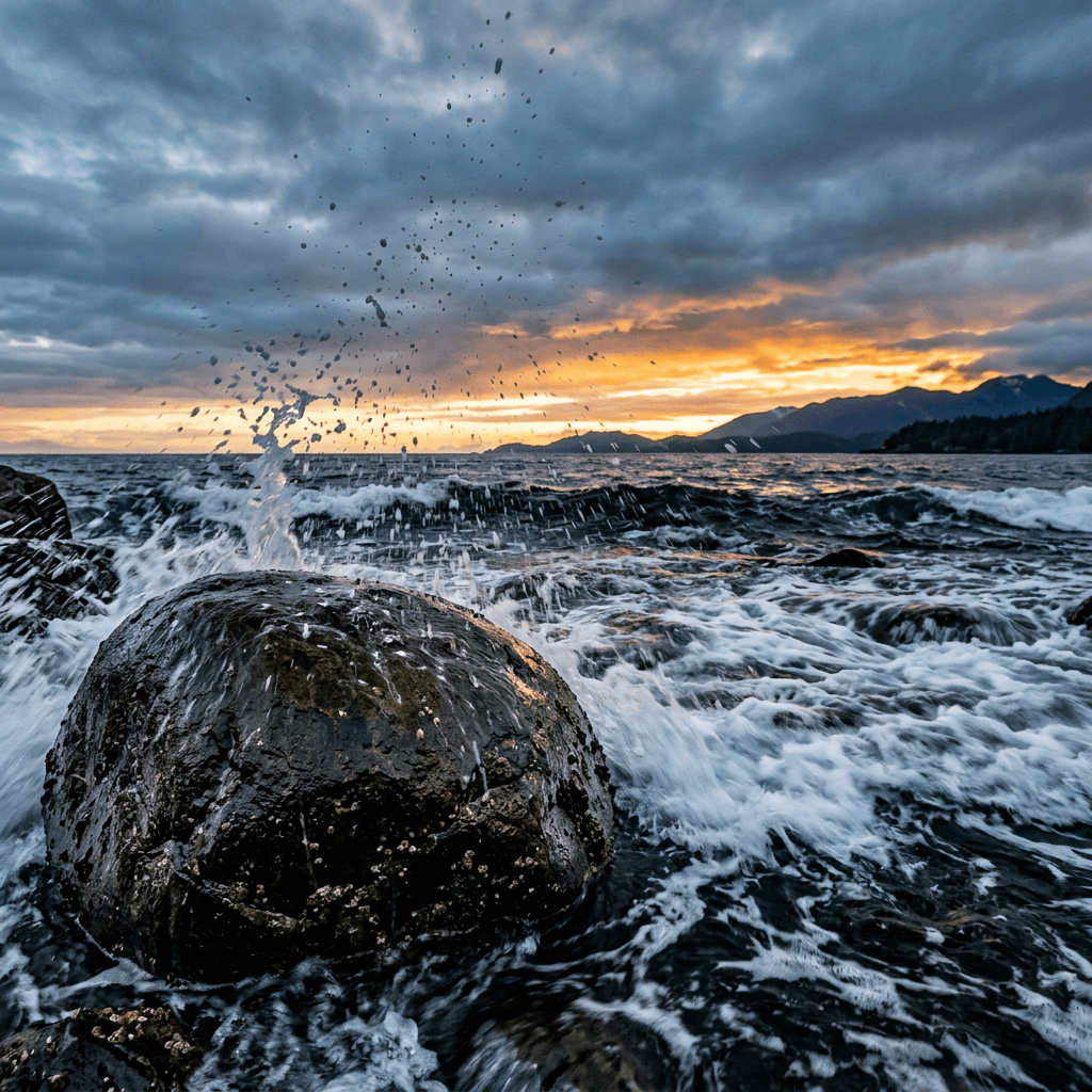 A low-angle view at the edge of dark, churning water shows a wet, rounded rock in the foreground as splashes and droplets arc upward across the frame.