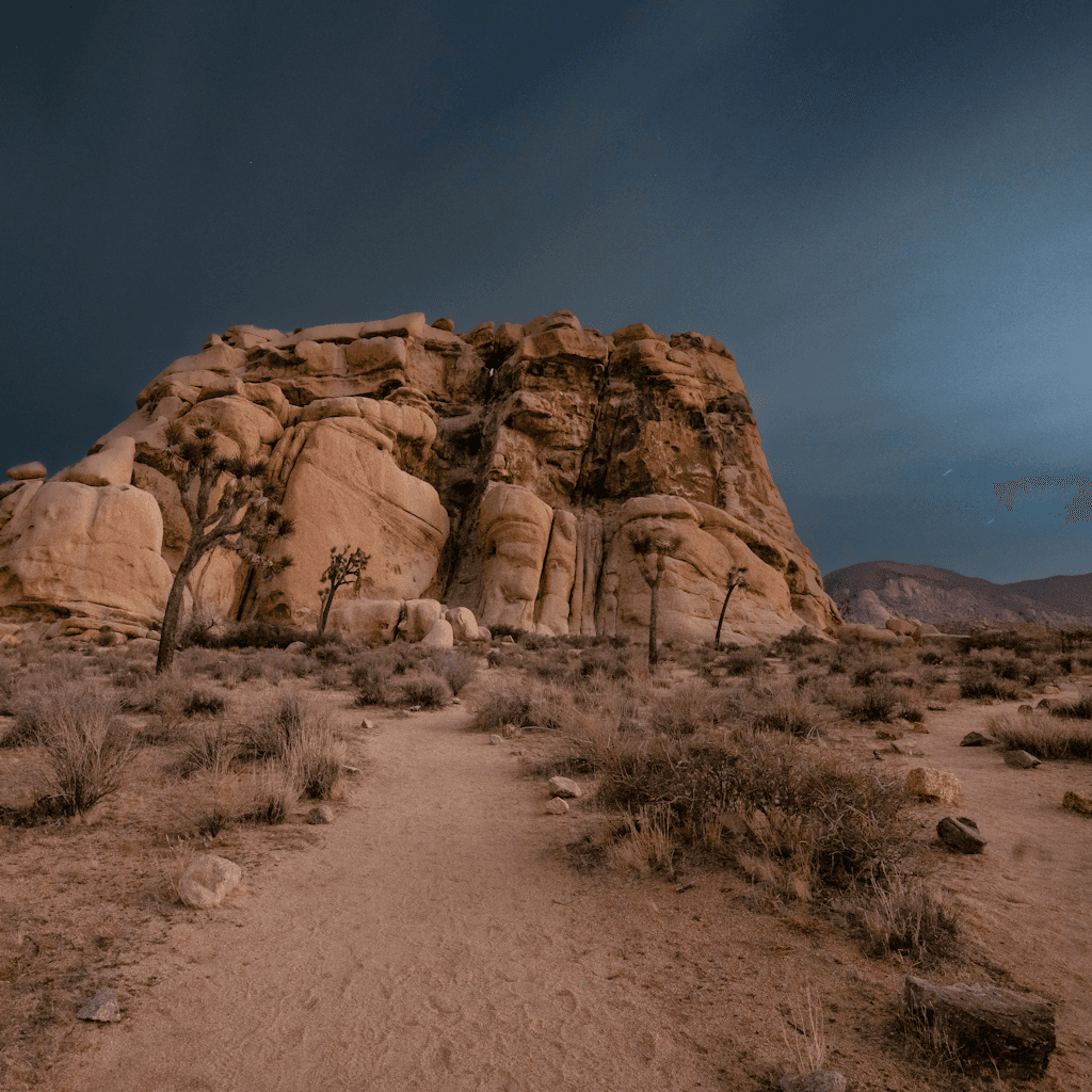 The scene unfolds outdoors in a desert landscape during the evening, under a deep, dim sky.