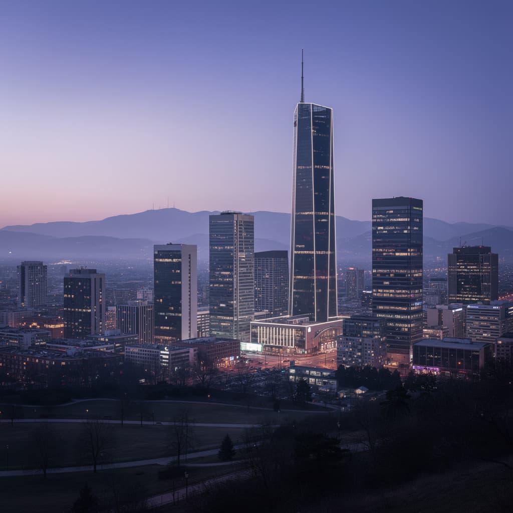 A wide city skyline at dusk fills the frame, with a tall, slender glass skyscraper slightly right of center dominating the composition and rising far above the surrounding buildings, its dark reflective facade edged by sharp white-lit lines and a thin spire extending into a clear purple-blue sky.