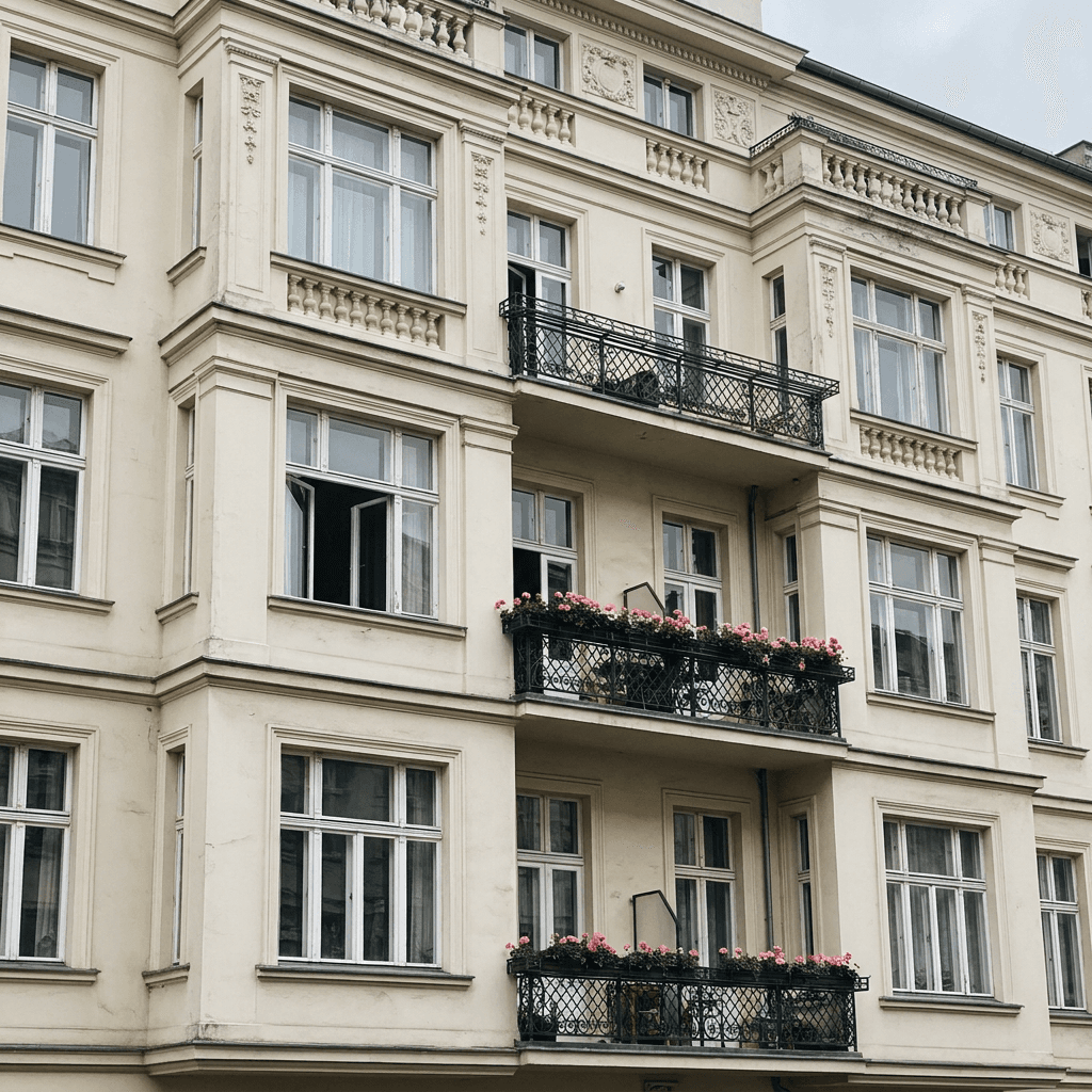 A frontal, medium-distance view of an ornate pale cream apartment façade fills the frame, with no street or sky visible, creating a tight architectural composition centered on the building’s symmetrical upper stories.