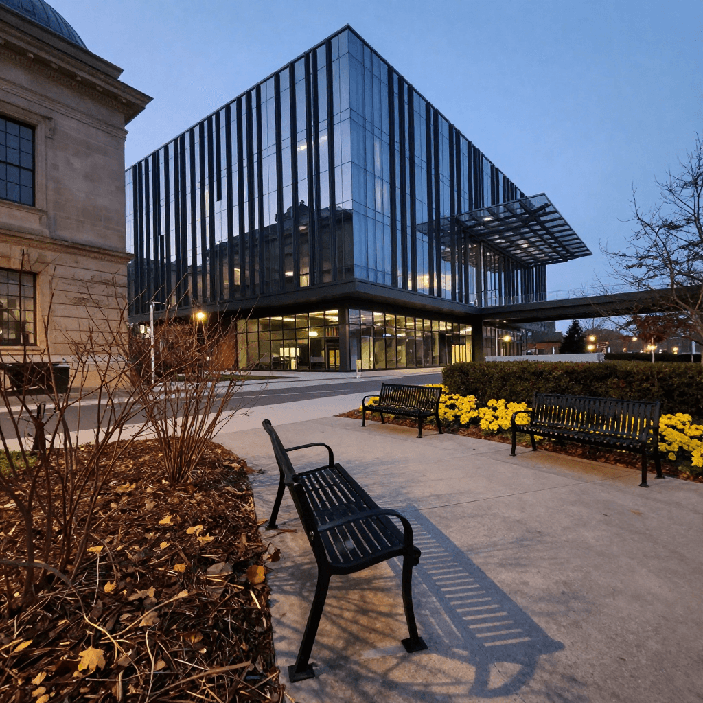 A modern multi-story building dominates the midground, its façade a grid of dark vertical mullions and reflective glass panels catching warm late-afternoon light, with rooftop vents and a glass-canopied section angling toward the right.