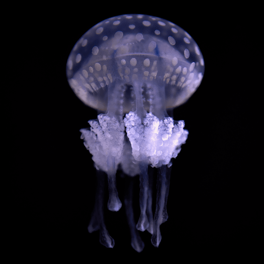 The scene is set underwater, surrounded by a dark, almost black background that evokes a sense of depth and mystery.