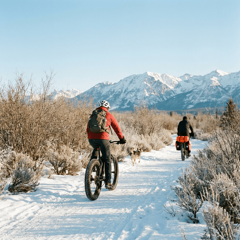 A wide outdoor winter landscape shows a snow-covered track or packed trail stretching into the distance beneath a pale blue sky with thin, streaky clouds.