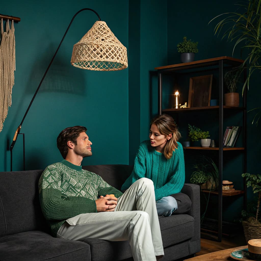 The scene is set indoors in a cozy, dimly lit living room.