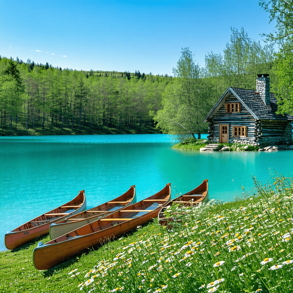 The scene is set outdoors, showcasing a tranquil lakeside landscape framed by towering, rugged mountains.