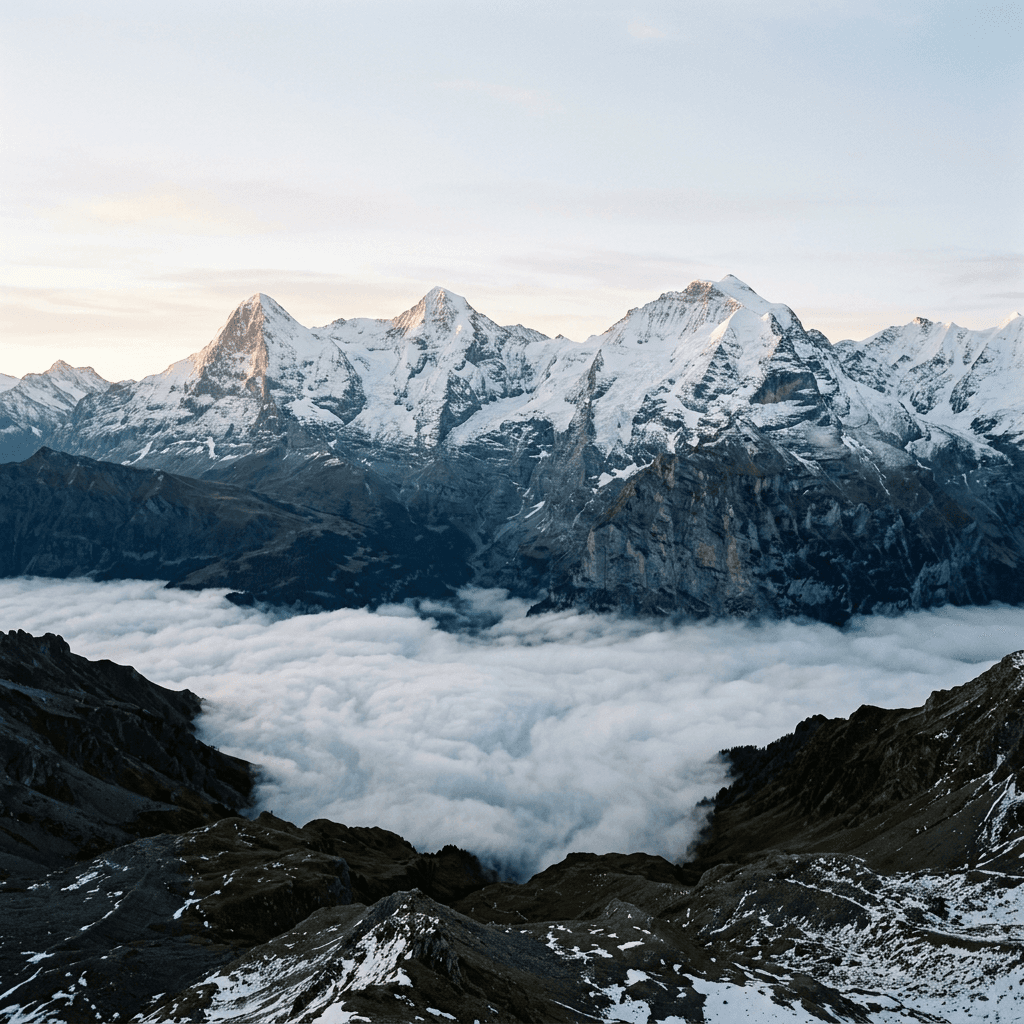 A wide, high-angle view shows a dramatic alpine mountain range filling most of the frame, with two dominant jagged snow-covered peaks rising above darker ridgelines.