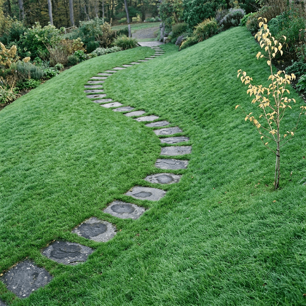 A high-angle view shows a dense, landscaped green slope covered in long, tufted grass or groundcover, with a narrow S-shaped path of dark rectangular stepping stones cutting diagonally from the lower left toward the upper center.