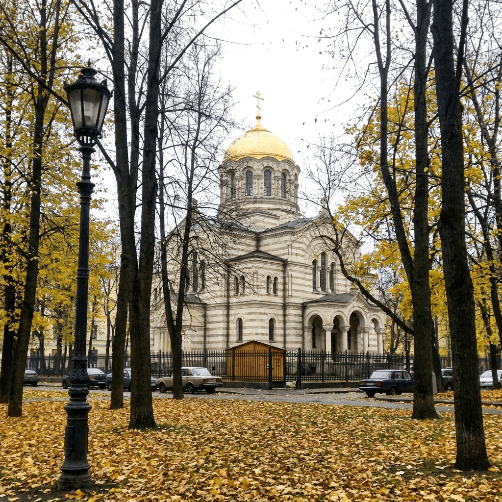 An Orthodox cathedral with a prominent golden dome topped by a cross rises in the midground, its pale stone facade banded in horizontal courses, featuring arched windows, rounded apses, and a grand arcaded entrance porch with columns.