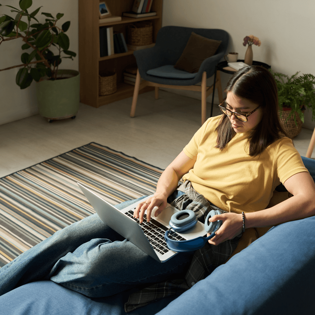 The scene is set indoors in a cozy, well-lit living room.