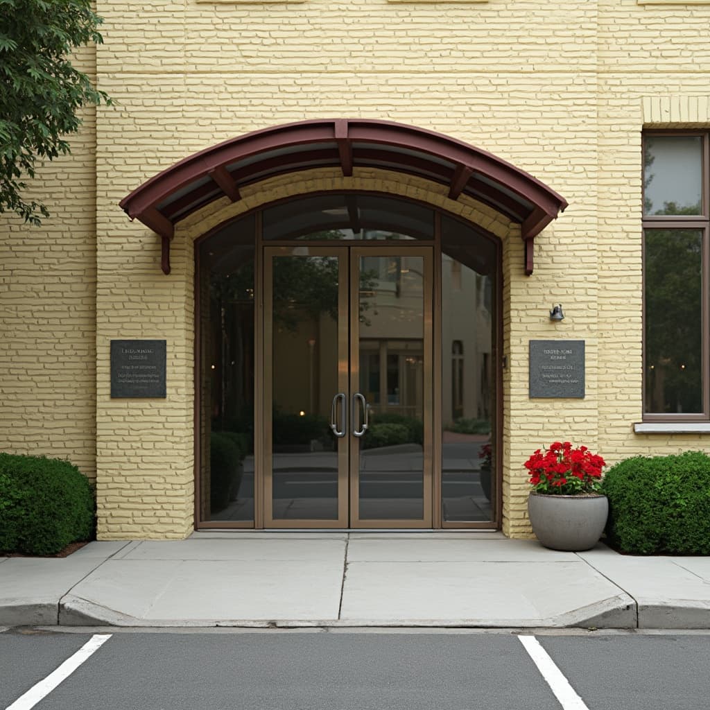 The scene is set outdoors in front of a building with a light yellow brick façade.