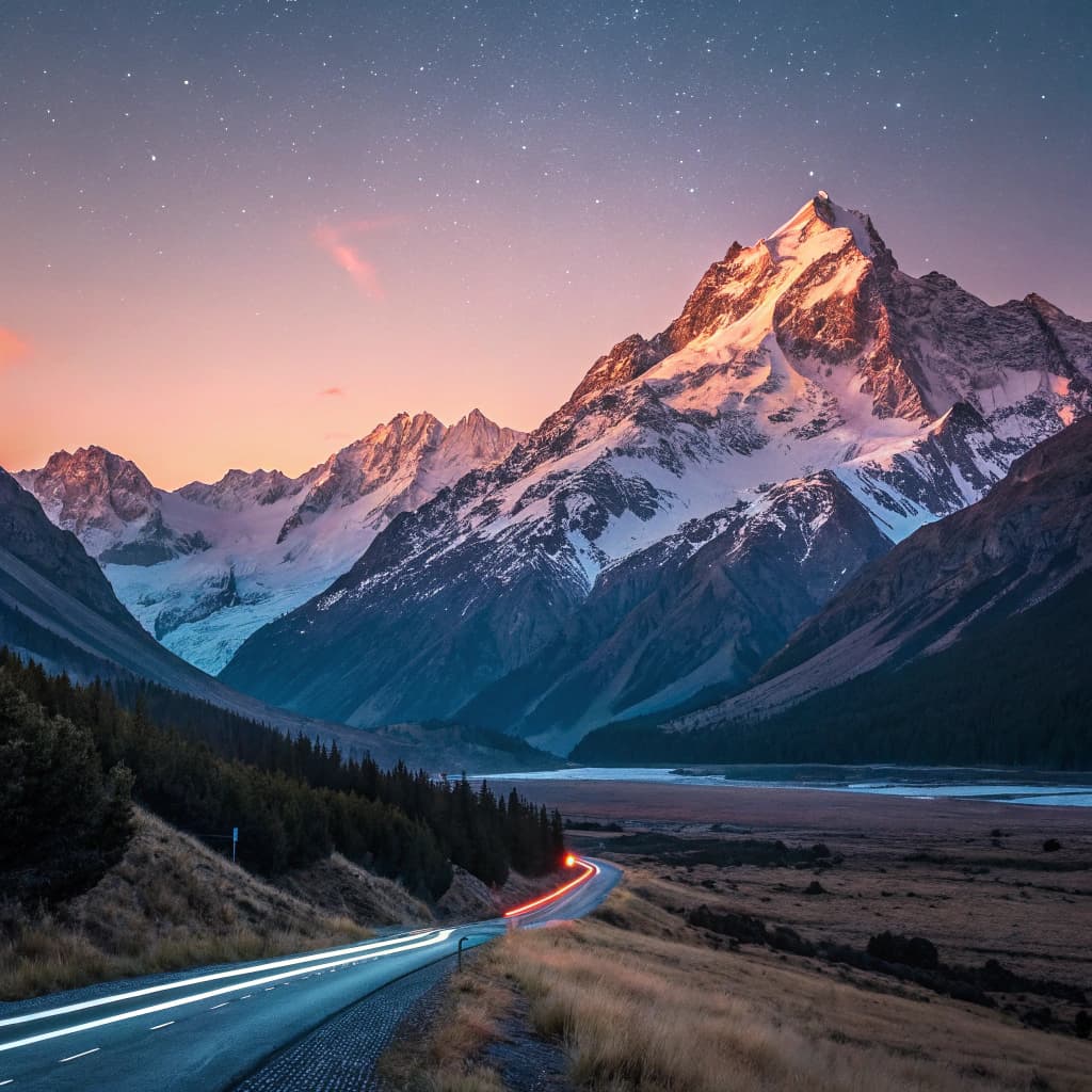 The scene is an outdoor mountainous landscape captured during dusk, with a sky transitioning from the gentle hues of the setting sun to the subtle darkness of night.