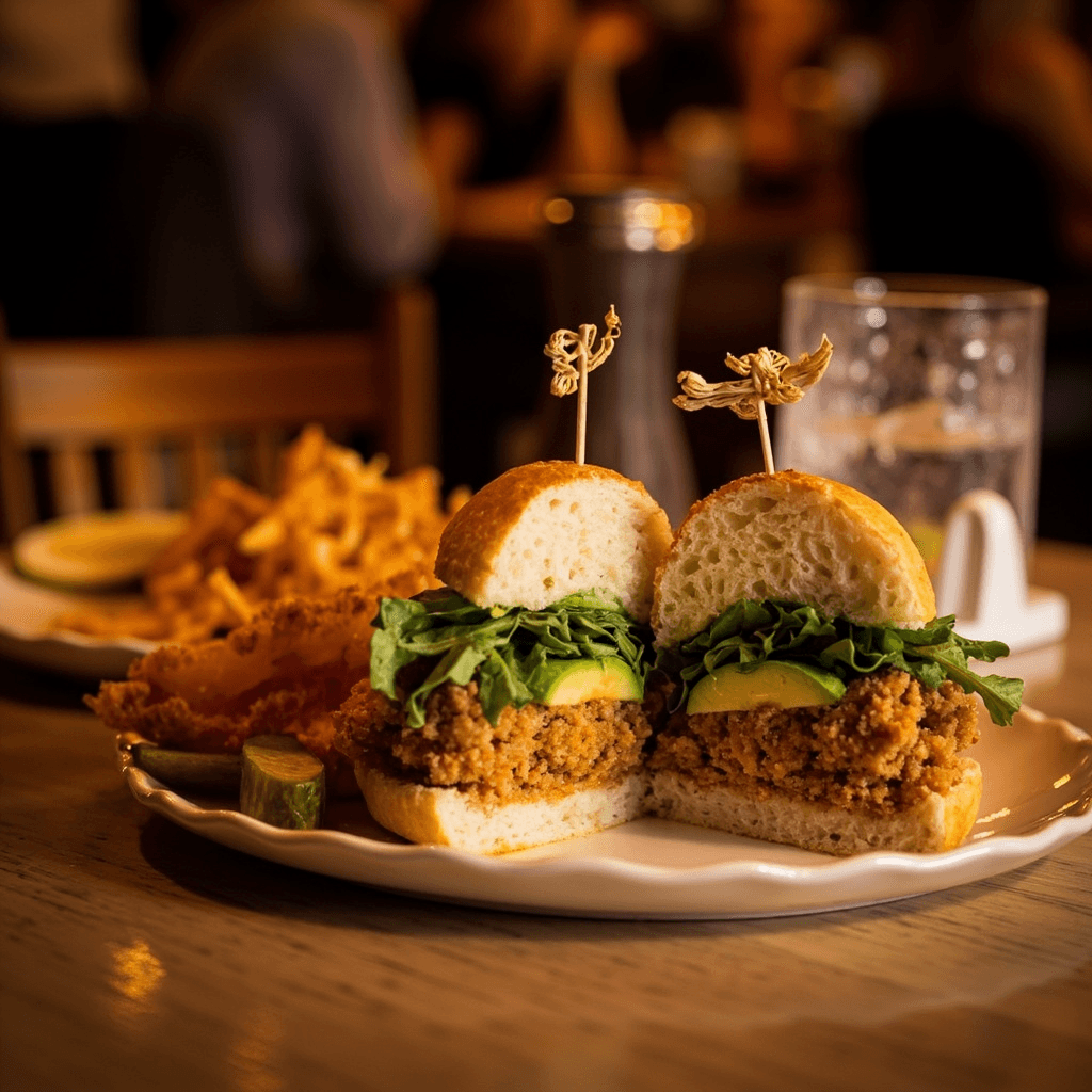 A meal is served on a white scalloped-edge ceramic plate resting on a light wood-grain table, viewed from a close, slightly elevated angle.