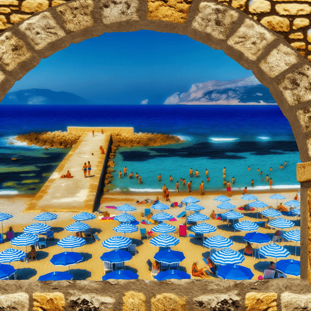 The scene unfolds outdoors, viewed through an arched stone window, framing a vibrant beach setting.