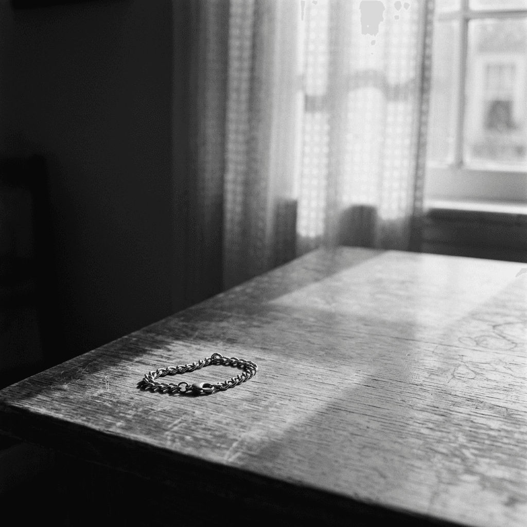 A close, low-angle black-and-white view shows a small reflective chain or flexible metal object lying on a smooth wooden surface near the lower left foreground, its curved body catching bright highlights and casting a dark shadow.
