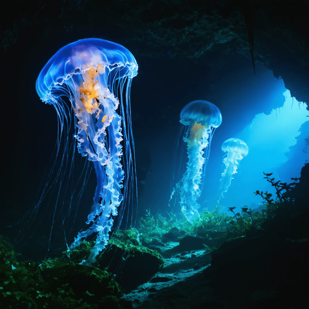 The scene is set underwater, enveloped in the deep darkness of the ocean's depths, with no natural light penetrating the surroundings.