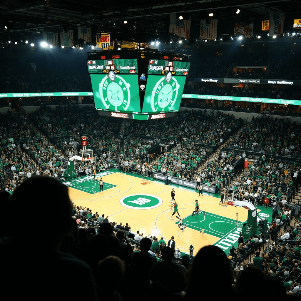 This indoor basketball arena is captured from an elevated upper-level seat, looking down at a steep angle toward the polished hardwood court in the midground, where a green-and-white team logo circle sits at center.