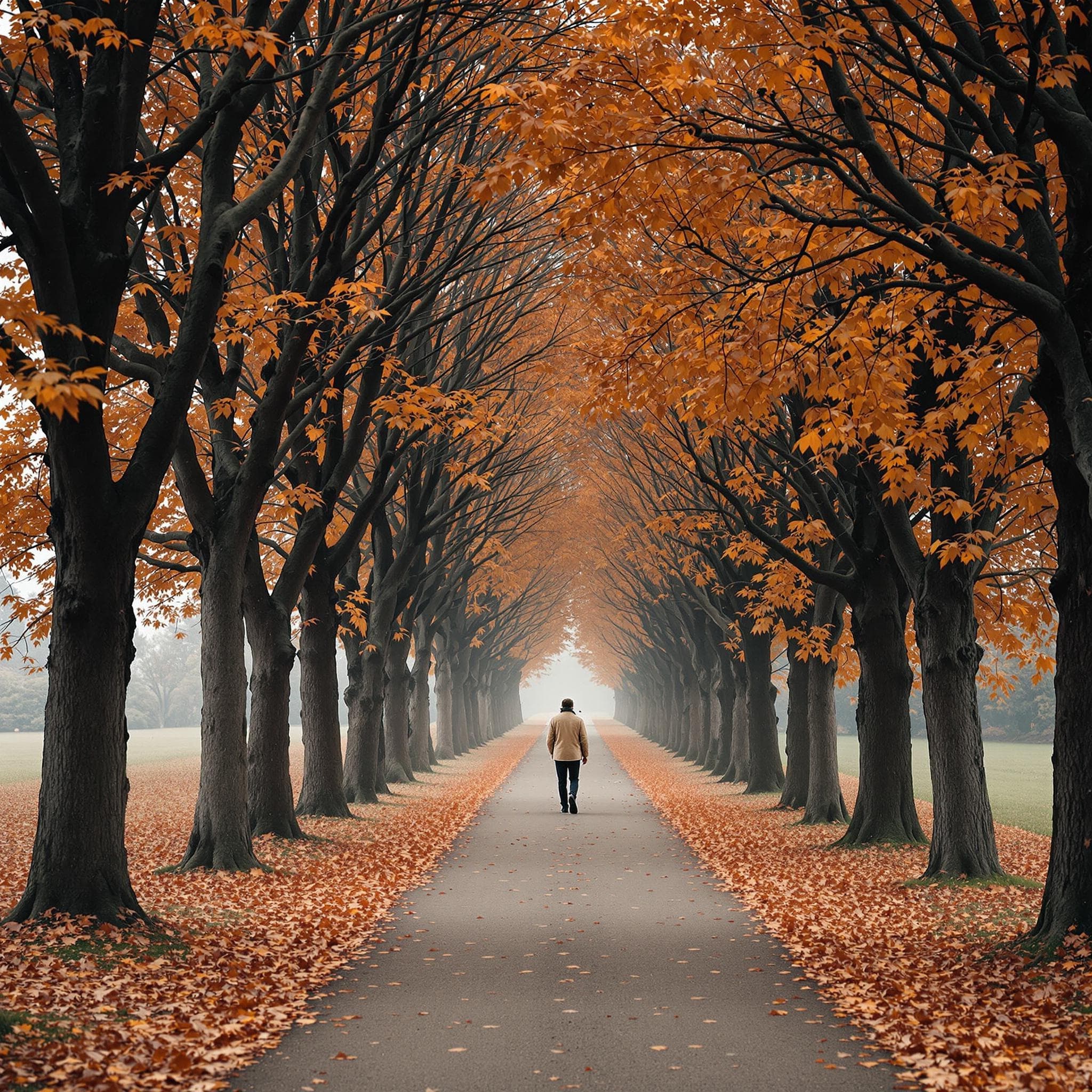 The scene is set outdoors, in a tree-lined pathway enveloped by the golden, warm hues of early evening light.