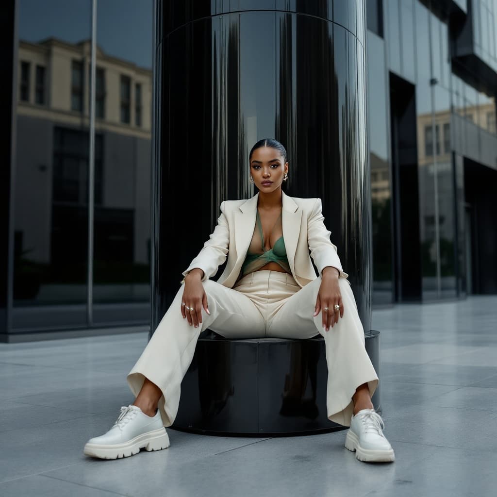 The scene is set outdoors, likely by a building with a dark, glossy exterior, indicated by large, reflective panels behind the central figure.