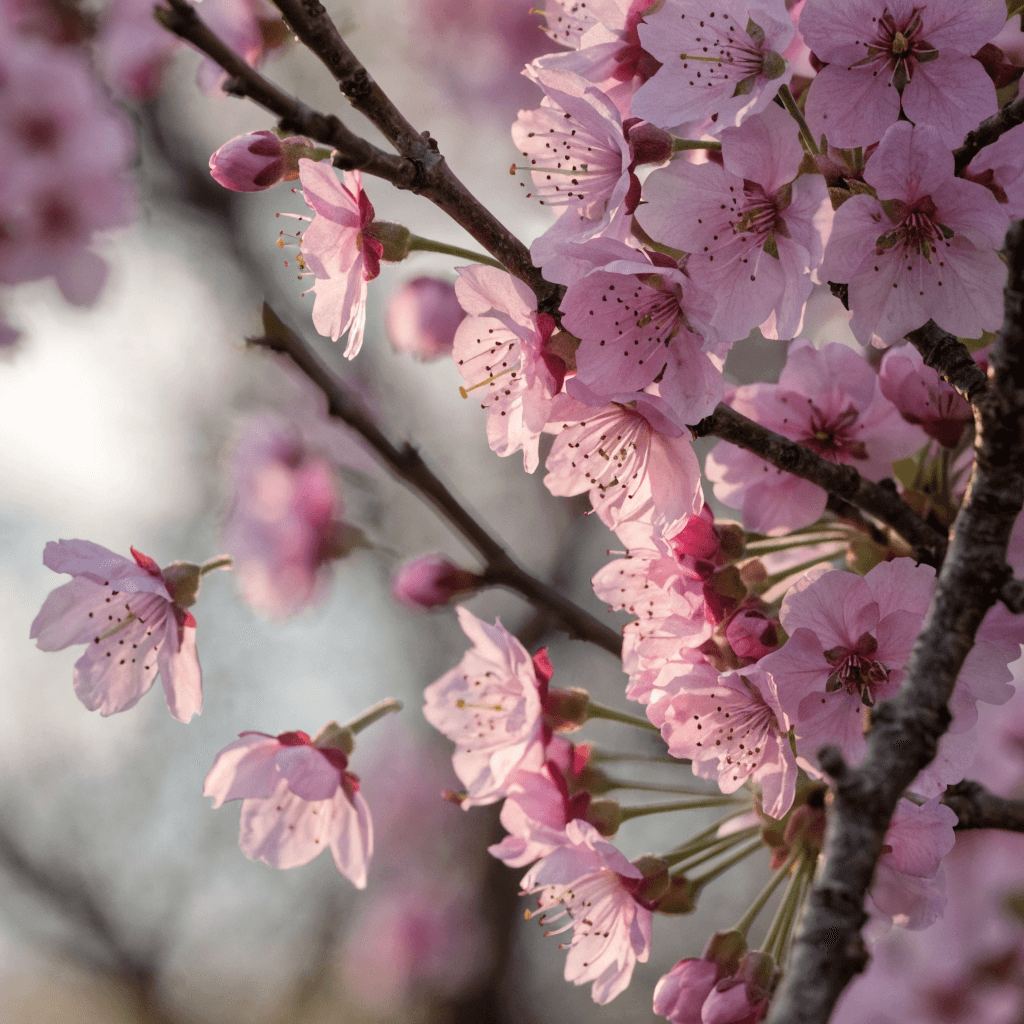A tight close-up frames a flowering tree branch covered in dense clusters of pale pink blossoms with darker pink centers and yellow stamens, the petals filling most of the composition from foreground to upper right.