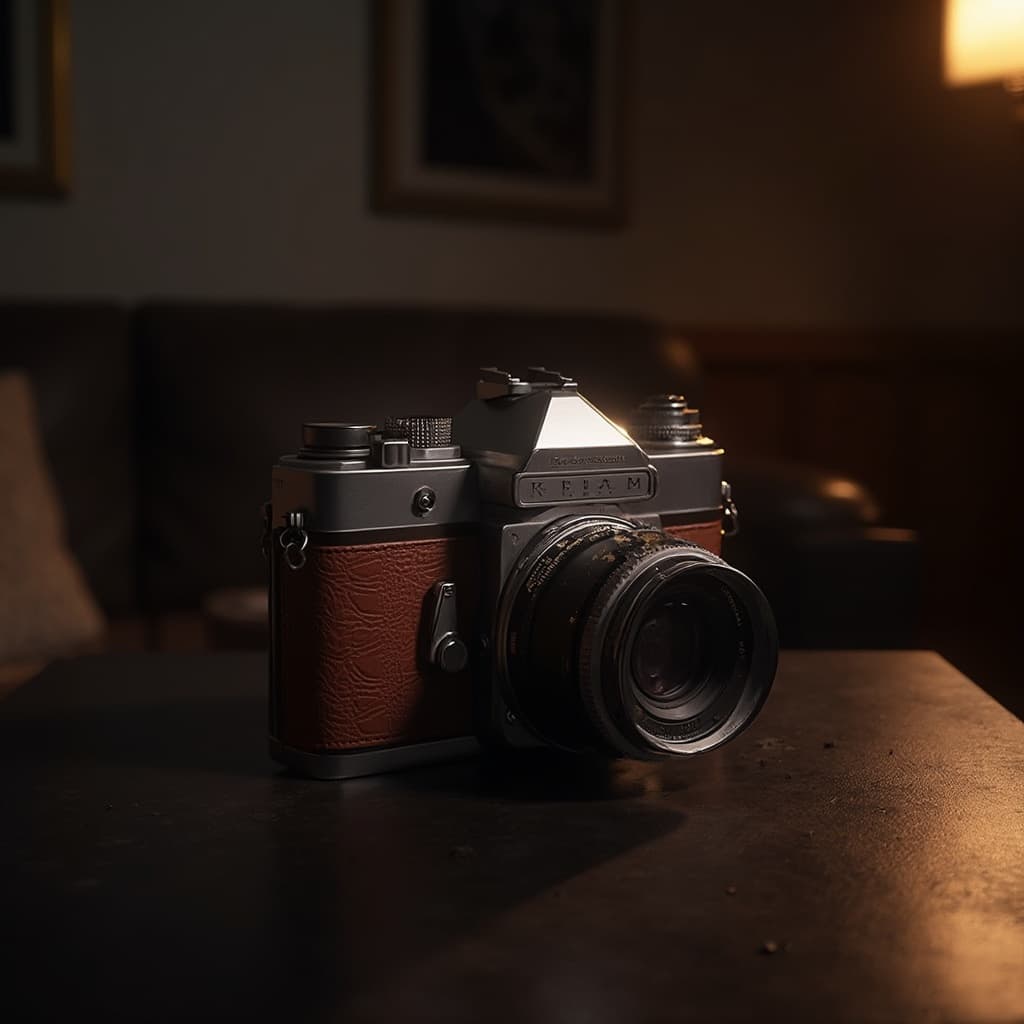 The scene is set indoors with dim, ambient lighting adding a subtle warmth to the environment.