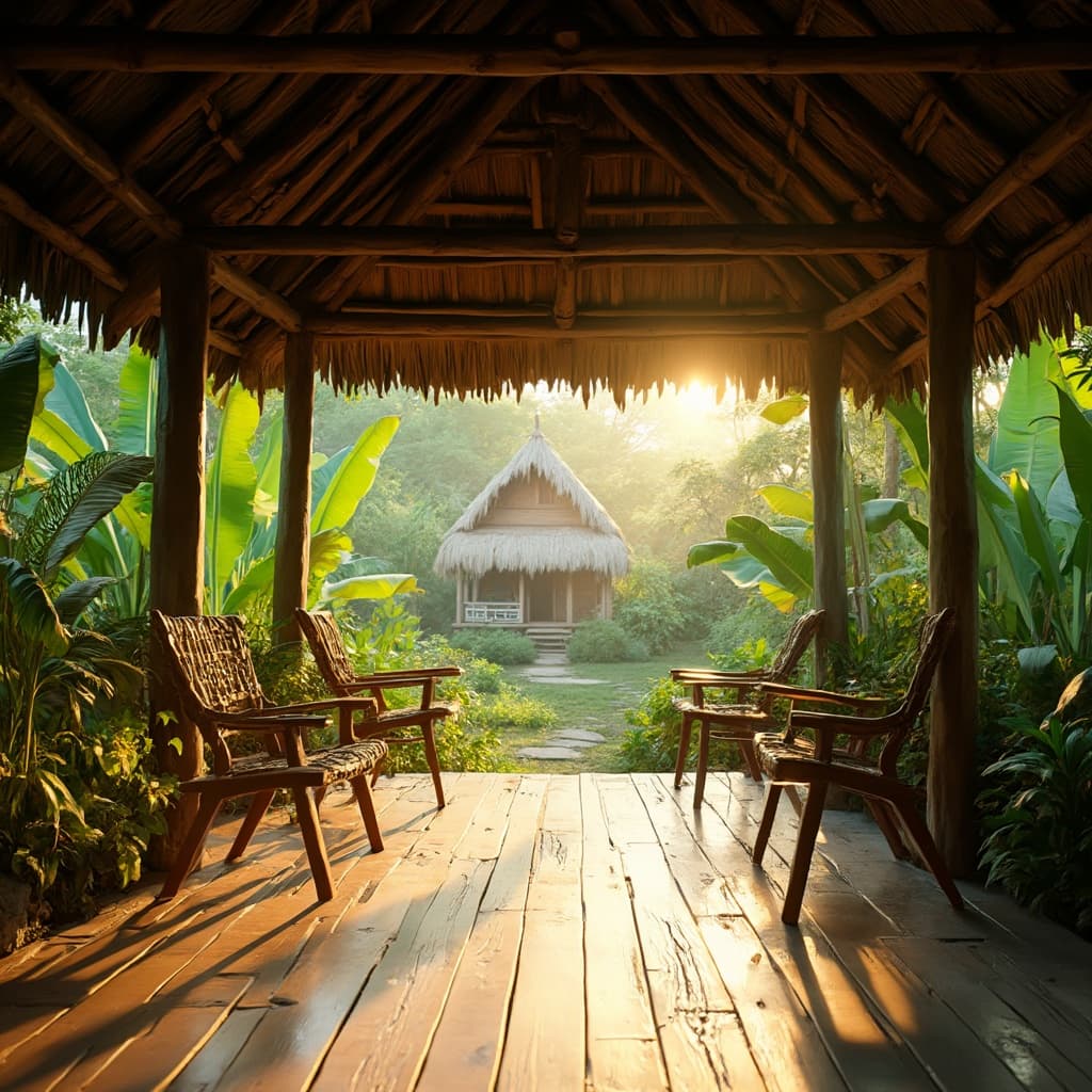The scene is set on a rustic, wooden veranda in a lush, tropical outdoor setting.