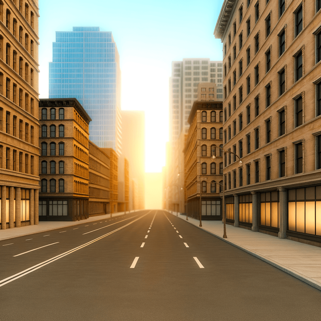 The scene depicts an urban outdoor setting, likely in the late afternoon with a soft golden light permeating the street from the fading sun.