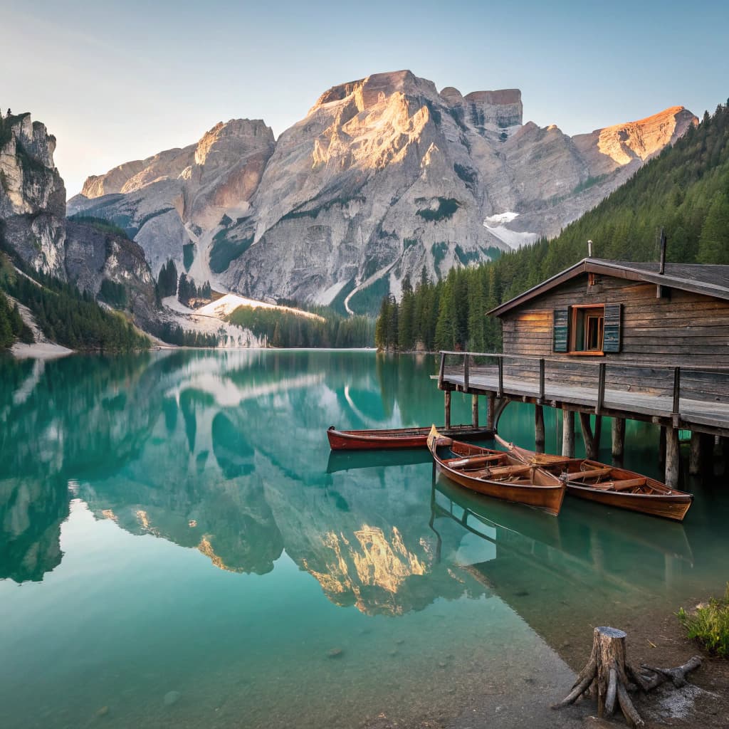 The scene is set outdoors, showcasing a tranquil lakeside landscape framed by towering, rugged mountains.