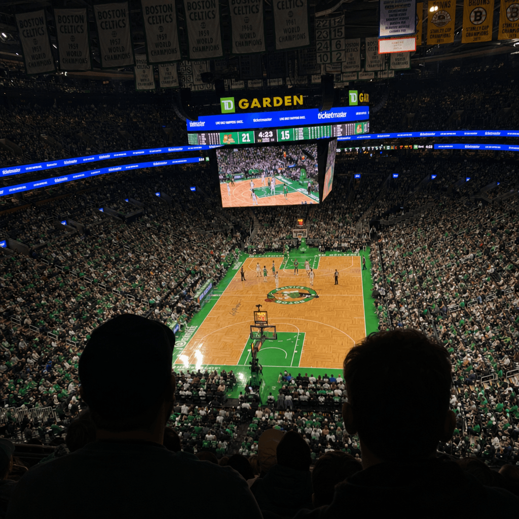 This indoor basketball arena is captured from an elevated upper-level seat, looking down at a steep angle toward the polished hardwood court in the midground, where a green-and-white team logo circle sits at center.