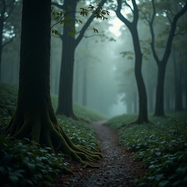 The scene is an outdoor setting, nestled in a dense forest.