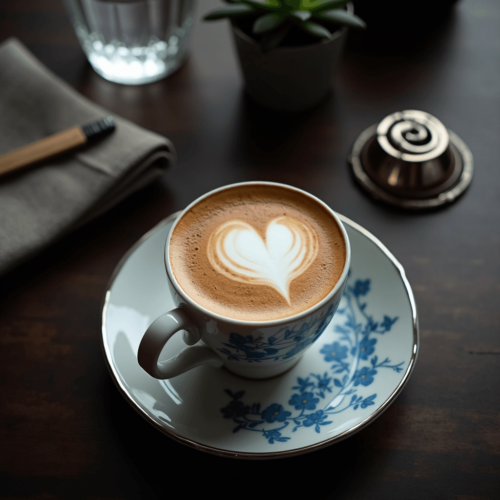 A cappuccino sits centered on a white porcelain saucer decorated with a delicate blue floral pattern and a thin silver rim, viewed from a high overhead angle on a dark brown wood-grain table.
