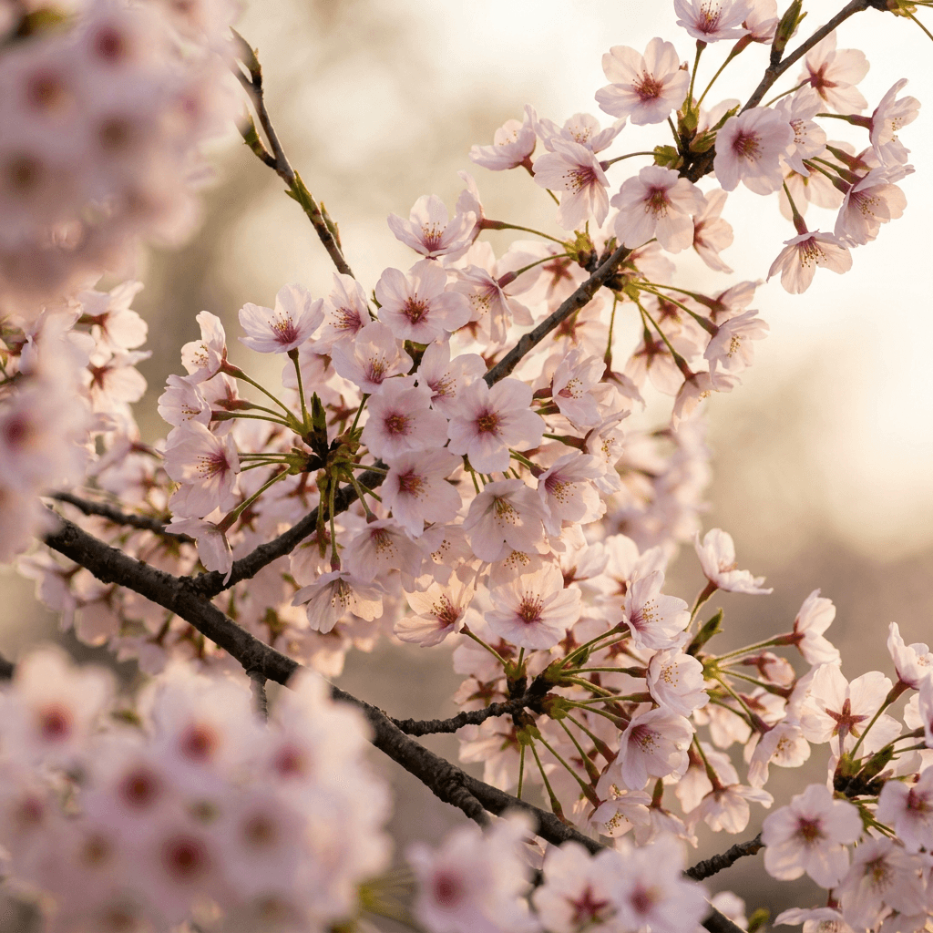 A tight close-up frames a flowering tree branch covered in dense clusters of pale pink blossoms with darker pink centers and yellow stamens, the petals filling most of the composition from foreground to upper right.