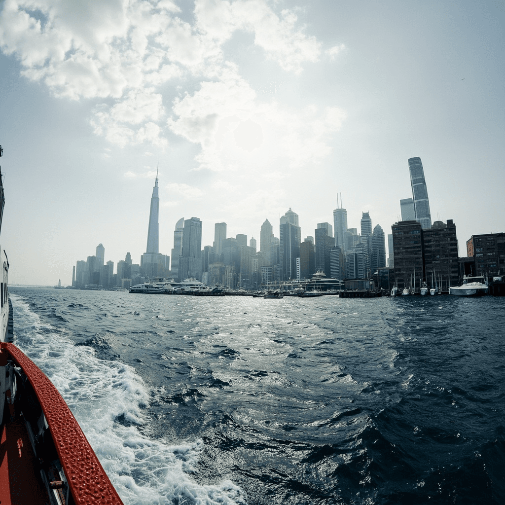 A wide waterfront view of a city skyline captured from across a broad expanse of rippling gray-blue water, likely from a boat given the sliver of reddish-brown hull visible in the lower left foreground.