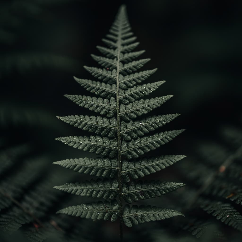 A single fern frond fills the center of the frame in extreme close-up, its narrow stem running vertically and the serrated leaflets spreading symmetrically outward in layered rows.