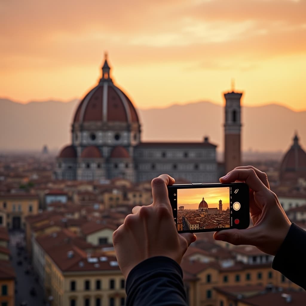The scene takes place outdoors during the golden hour of the evening, with the sky bathed in warm, soft hues of orange and pink as the sun sets.