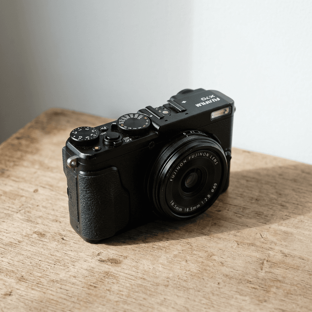 A compact black Fujifilm X70 camera sits close to the viewer on a plain, lightly textured surface, framed from a slightly elevated front-left angle so the lens and top plate dominate the lower half of the composition.
