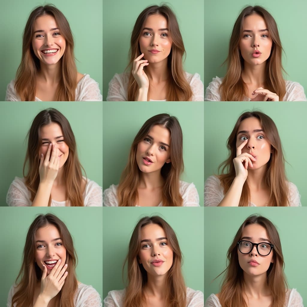 The scene is an indoor setting with a series of portraits captured in an organized grid.