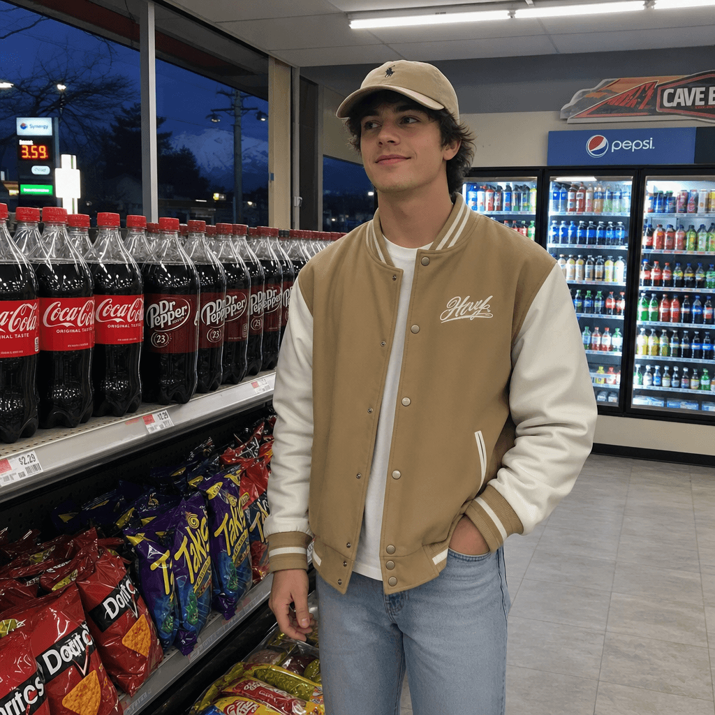 Inside a convenience store or gas-station market, a young man stands in the foreground beside a beverage aisle, framed from mid-thigh up at a slight low angle.