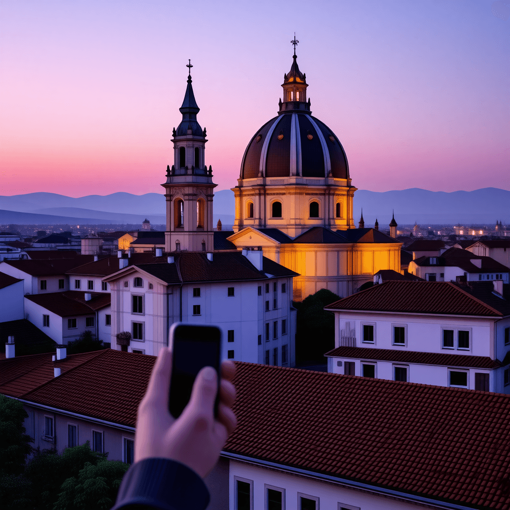 The scene takes place outdoors during the golden hour of the evening, with the sky bathed in warm, soft hues of orange and pink as the sun sets.
