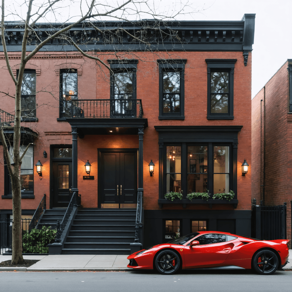 The scene is set outdoors in front of a classic urban townhouse.