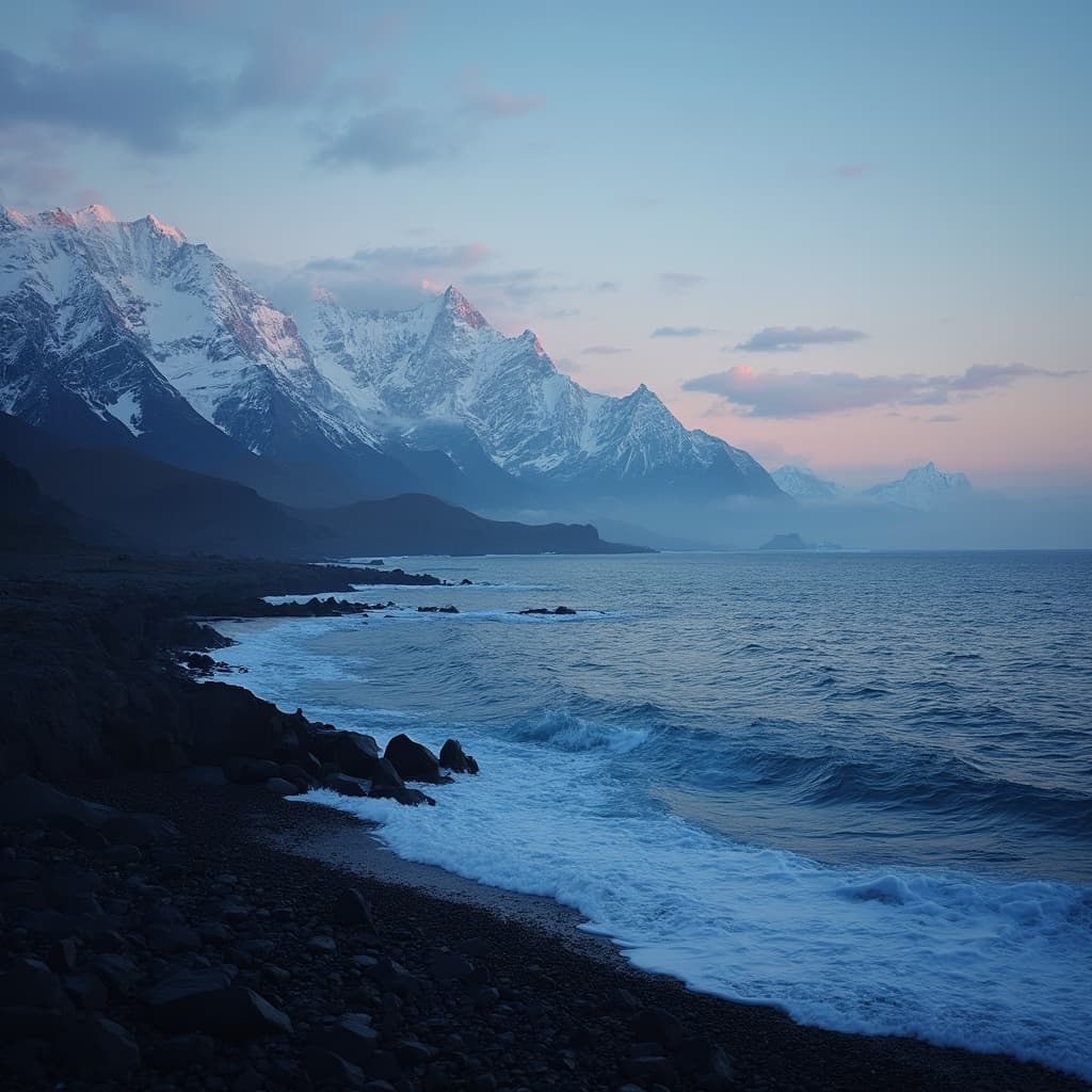 The scene is set outdoors during the gentle transition from dusk to night.