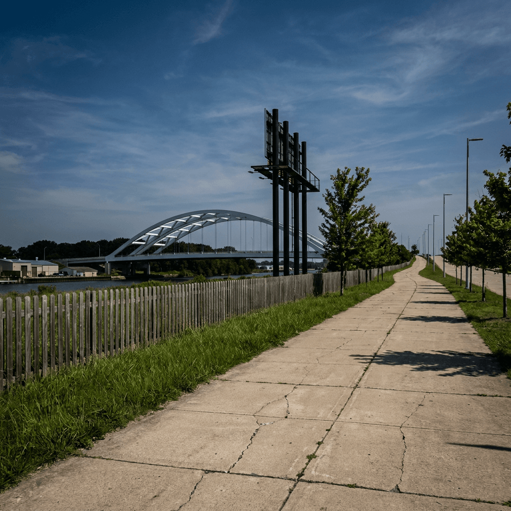 A wide paved pedestrian walkway of large concrete slabs sweeps from the lower foreground toward a vanishing point on the right, bordered on the left by a low weathered wooden picket fence and a strip of green grass.