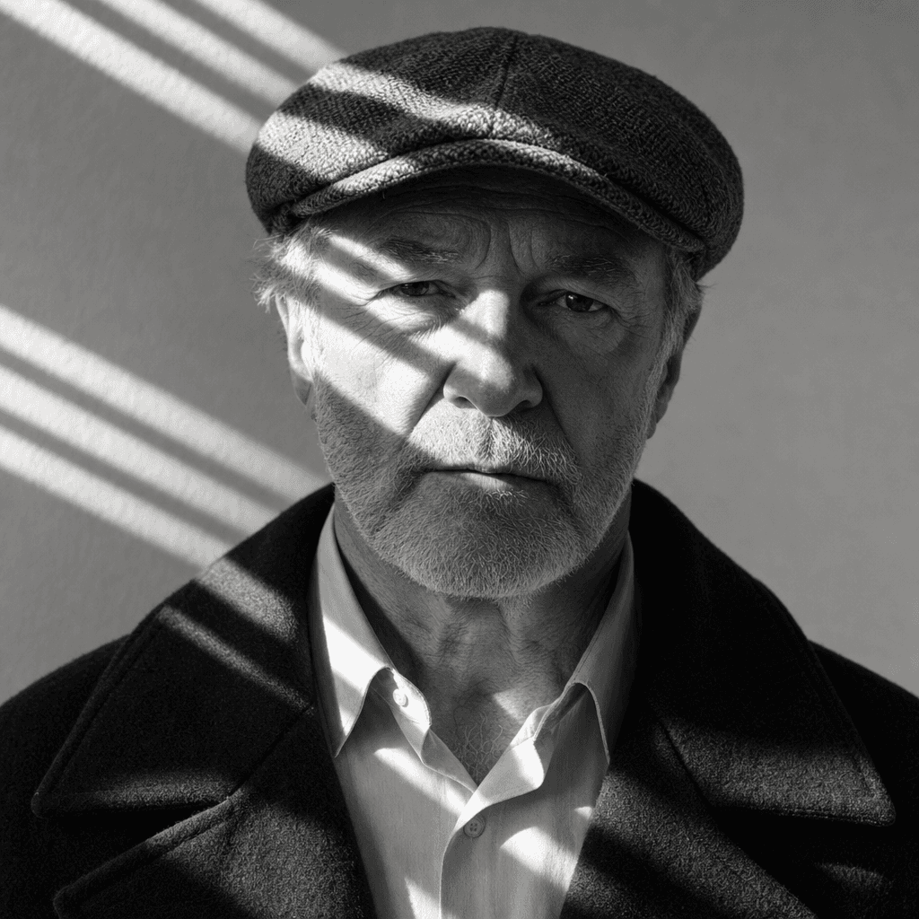 A close, chest-up black-and-white portrait shows an older man standing against a plain interior wall, with the camera level and centered on his face and upper torso.