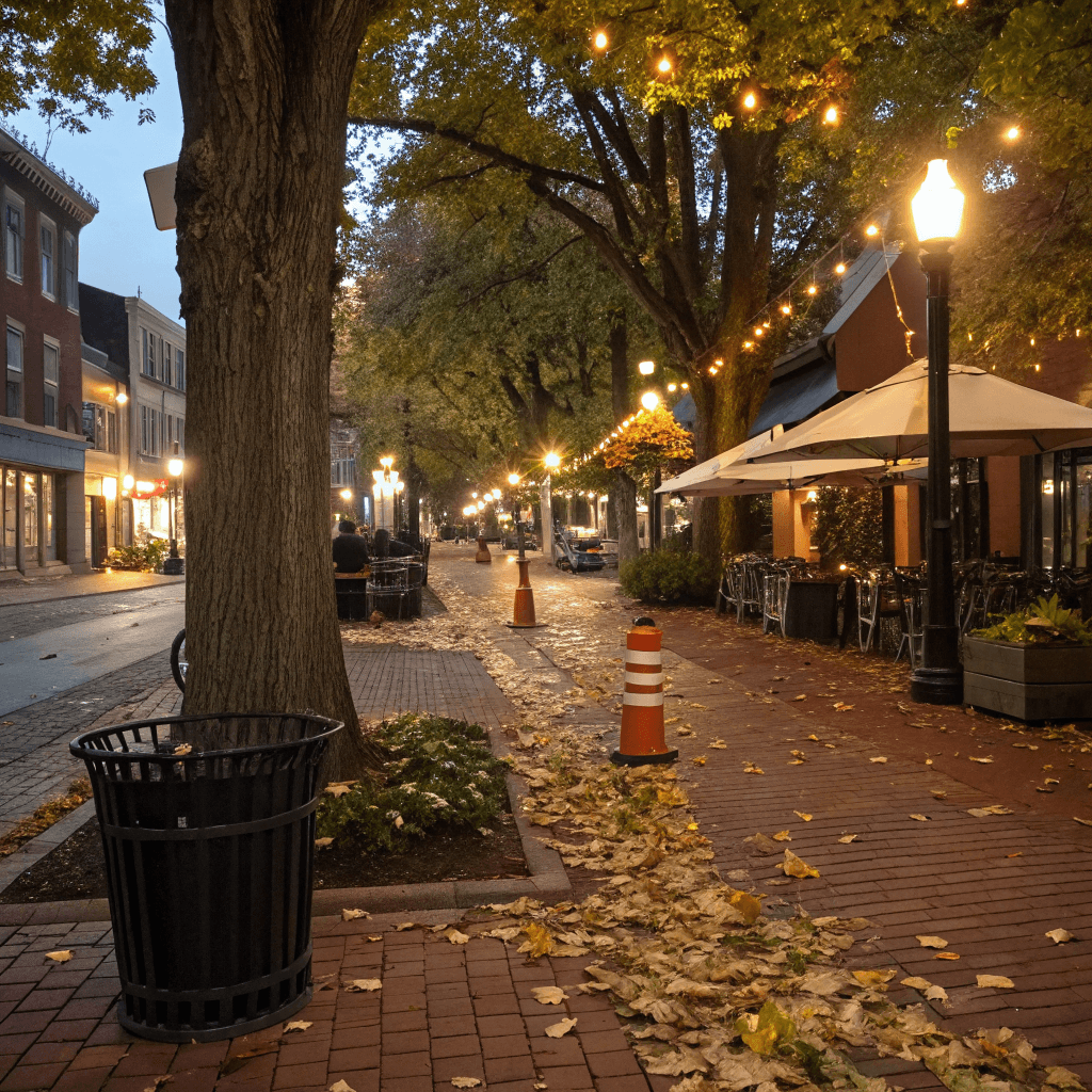 A quiet nighttime street scene captured at ground level looking down a paved roadway lined with brick-paved sidewalks and low-rise historic commercial buildings.