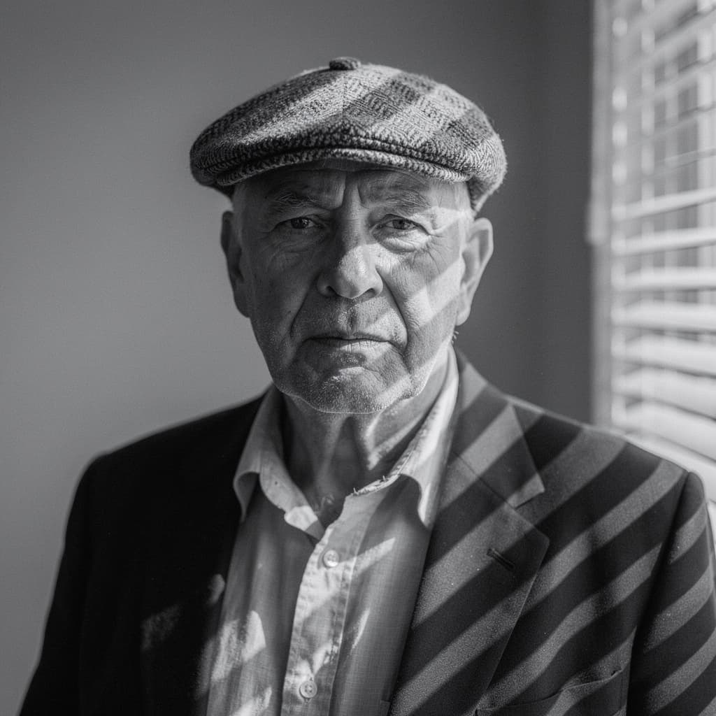 A close, chest-up black-and-white portrait shows an older man standing against a plain interior wall, with the camera level and centered on his face and upper torso.