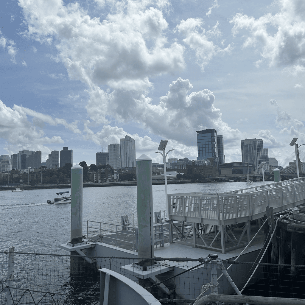 A waterfront scene captured from a pier looking across a broad expanse of gray-blue harbor toward a distant city skyline of mid-rise and high-rise buildings, some glassy and modern, softened by atmospheric haze.