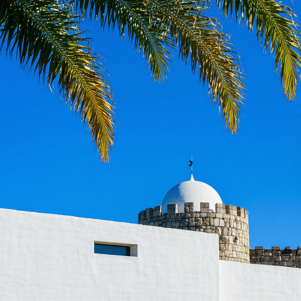 The scene is set outdoors under a clear blue sky, suggesting a bright, sunny day.