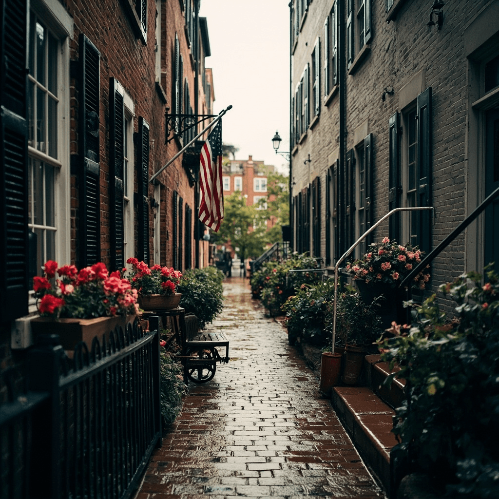A narrow brick-paved alleyway recedes into the distance between two multi-story buildings, viewed from ground level looking straight down the passage.