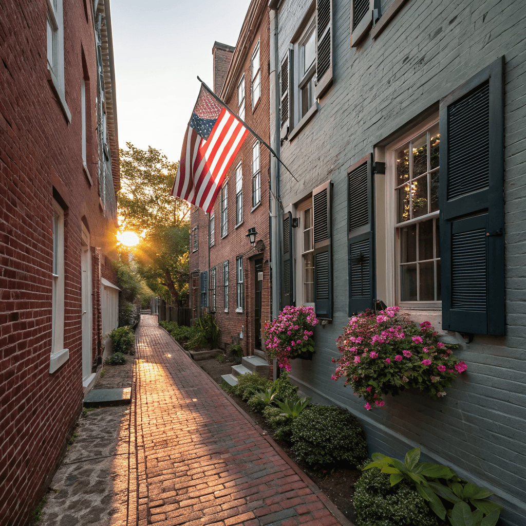 A narrow brick-paved alleyway recedes into the distance between two multi-story buildings, viewed from ground level looking straight down the passage.
