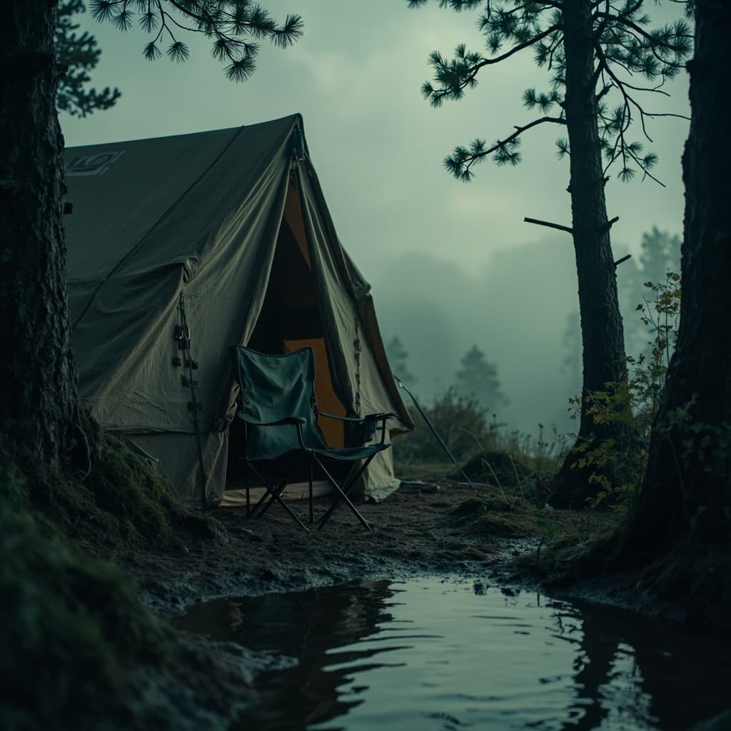 The scene is set outdoors in what seems to be a campsite, bathed in the soft glow of morning sunlight.