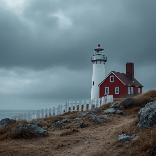 The scene is set outdoors at a coastal location during the daytime, enveloped in overcast lighting that softens the surroundings with a muted gray tone.